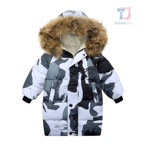 Geacă de iarnă cu umplutură din puf ecologic și glugă cu blană naturală Warm Hug Camo
