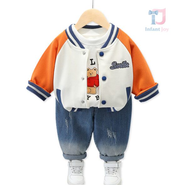 Set de 3 piese cu bomber, pantaloni denim și urs 3D pe spate Smile Holdy Bear