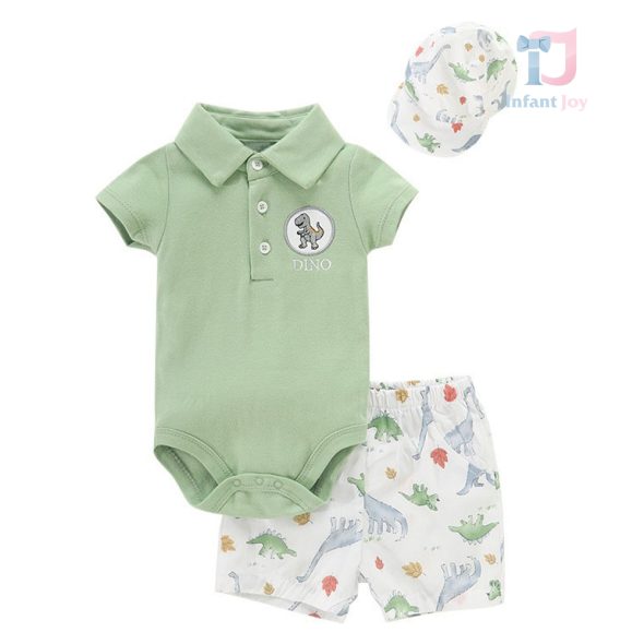 Set de 3 piese cu body cu guler clasic, pantaloni scurți și șapcă cu vizieră Dino Dance