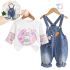 Set de 2 piese cu bluză cu mâneci din material reiat și salopetă din denim Pastel Paws