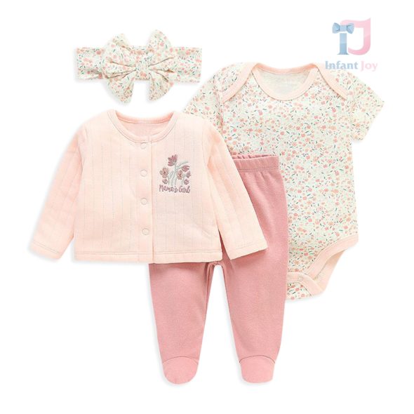 Set de 4 piese format din cardigan, body floral cu mânecă scurtă, pantaloni tip footed și bentiță pentru cap Mommy`s Girl