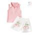Set de 2 piese top din rib și pantaloni scurți cu elemente 3D și nasturi perlați Pink Tulip