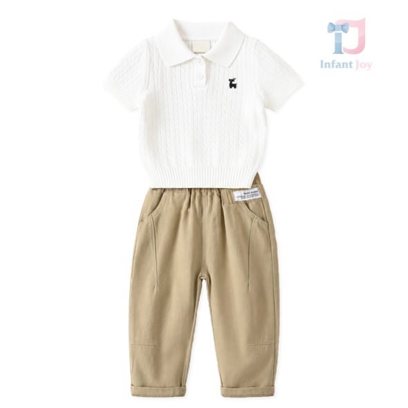Set de 2 piese cu tricou cu guler clasic și broderie și pantaloni lungi Mini Deer