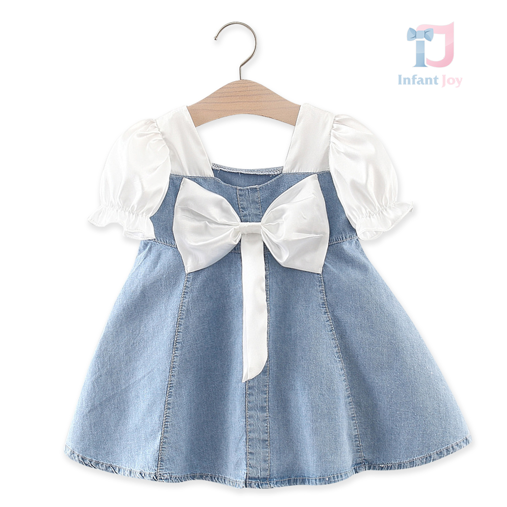 Rochie din denim cu panglică mare și mâneci bufante Stylish Missy