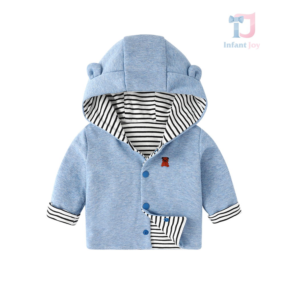 Cardigan din bumbac cu două fețe, cu glugă și broderie Blue Cub