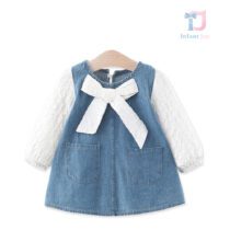 Rochie din denim cu crep roz și panglică Denim Bonbon White