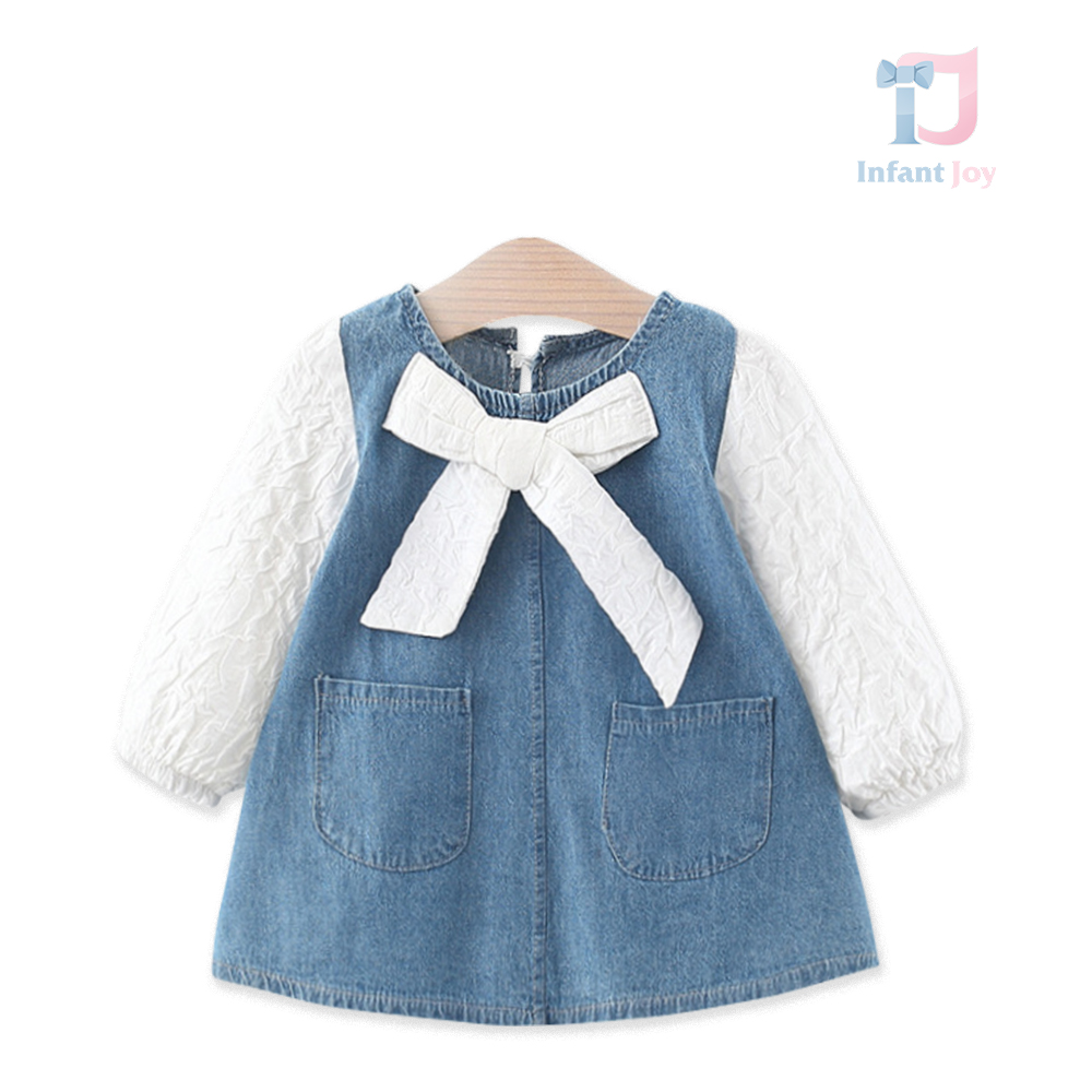 Rochie din denim cu crep roz și panglică Denim Bonbon White