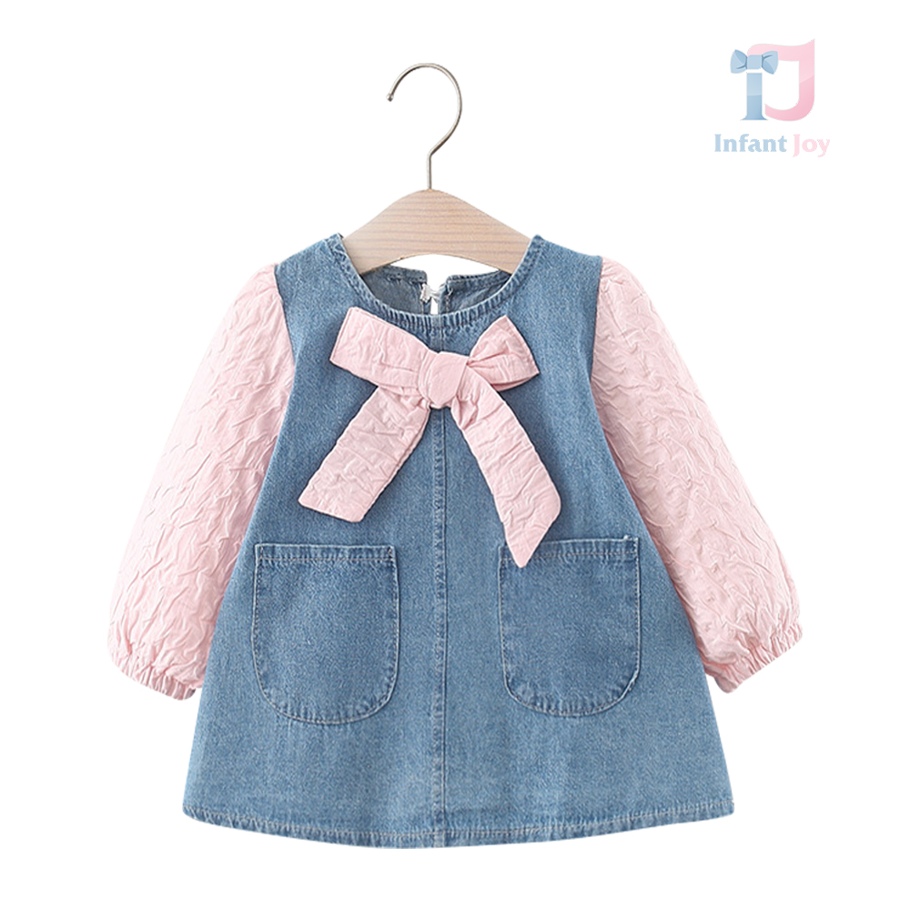 Rochie din denim cu crep roz și panglică Denim Bonbon