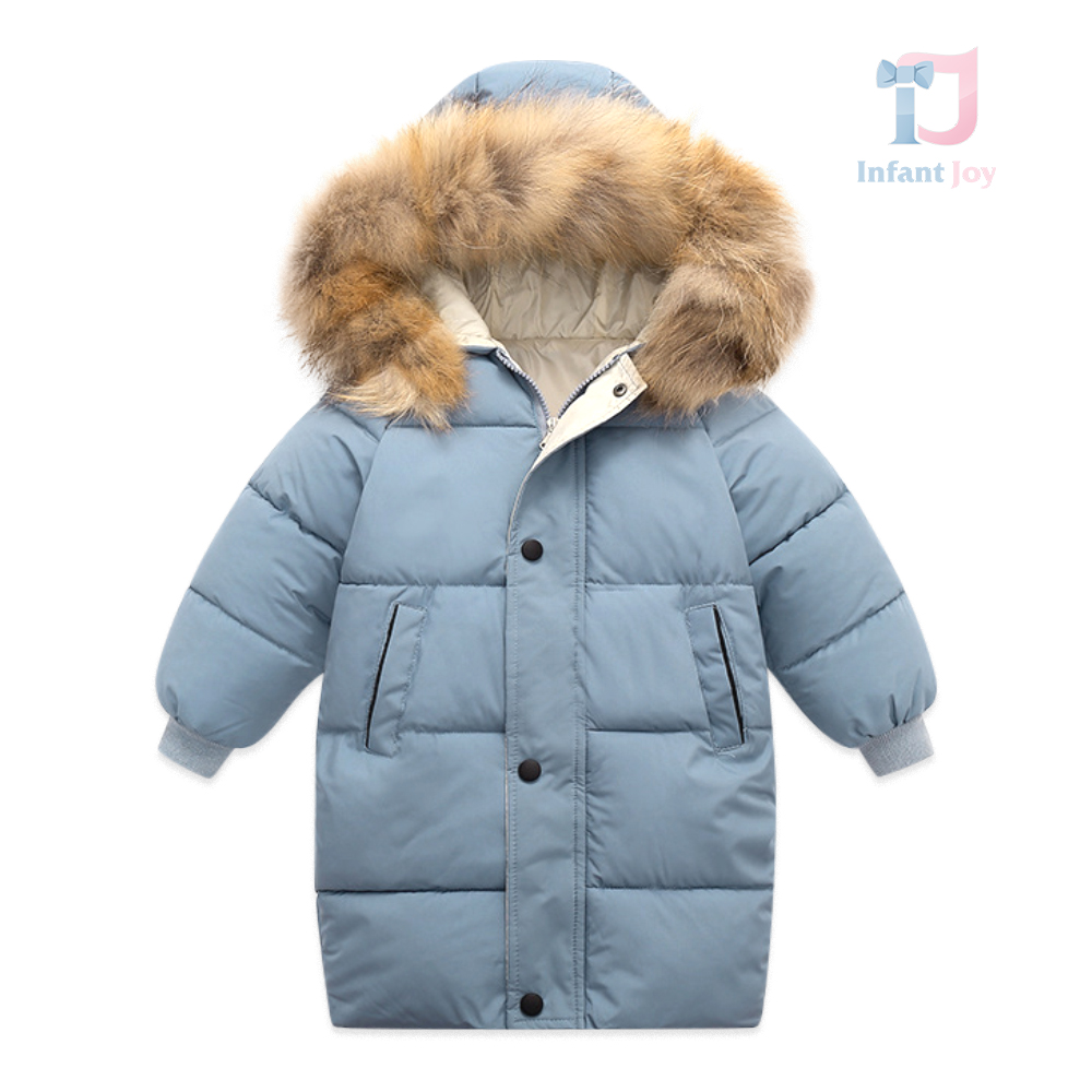 Geacă de iarnă cu umplutură din puf ecologic și glugă cu blană naturală Warm Hug Blue