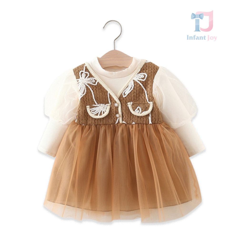 Rochie formala cu maneca bufanta, tul si tricot spectaculos cu perle Butterfly Curiosity Mocha
