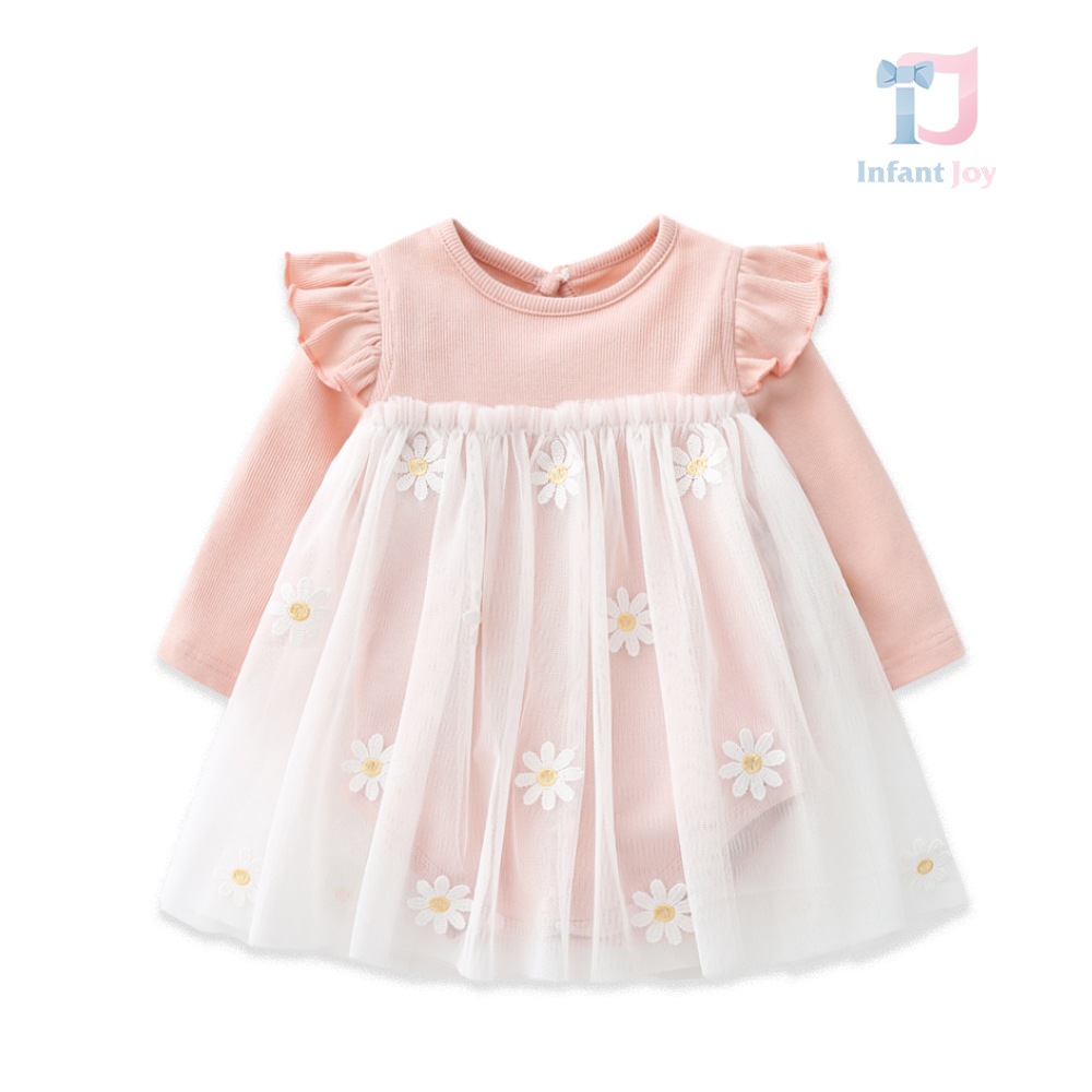 Rochie cu bucle, tul si broderie Happy Daisy Pink