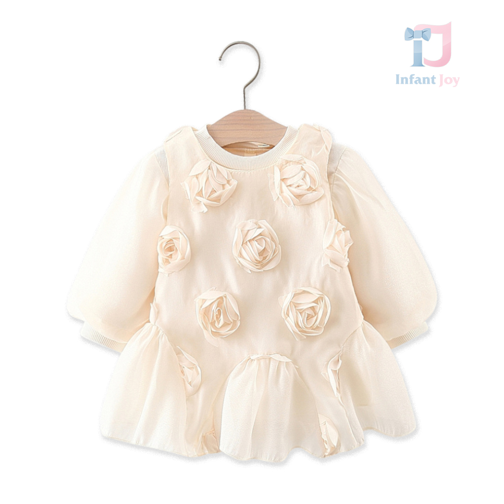 Set formal de 2 piese cu maneca bufanta si rochie spectaculoasa cu trandafiri 3D Nude Rosey