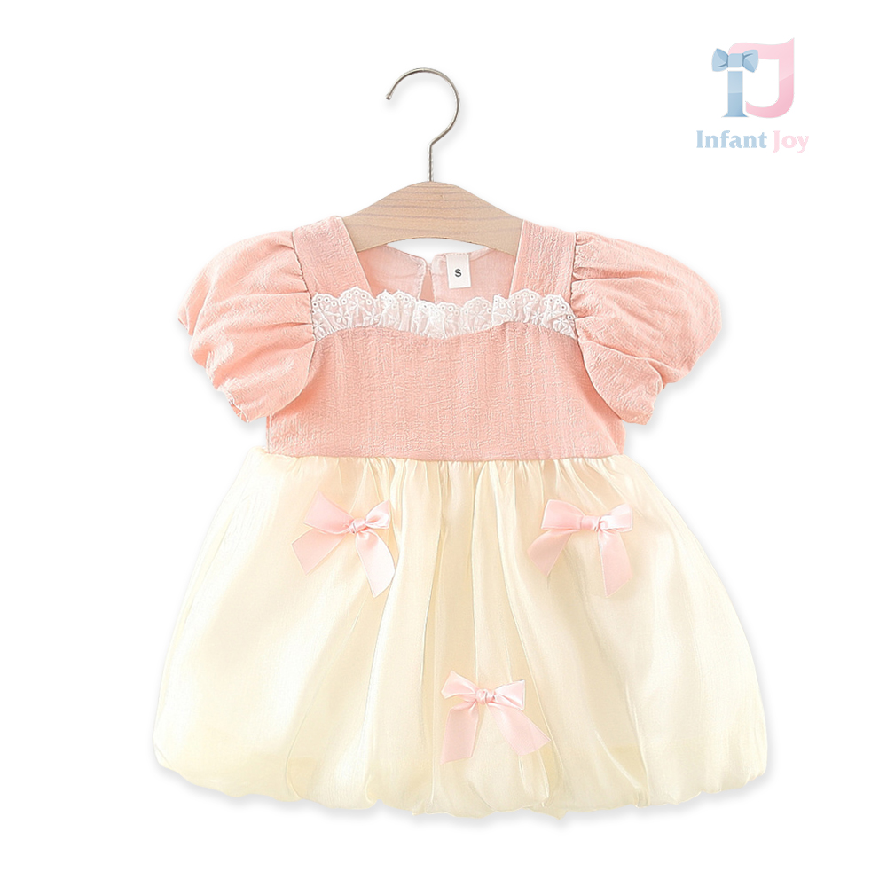 Rochie cu organza, dantela si maneca bufanta Little Charm Pink