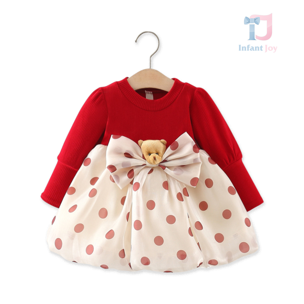 Rochie din organza cu maneca bufanta si brosa de pluș Red Dots