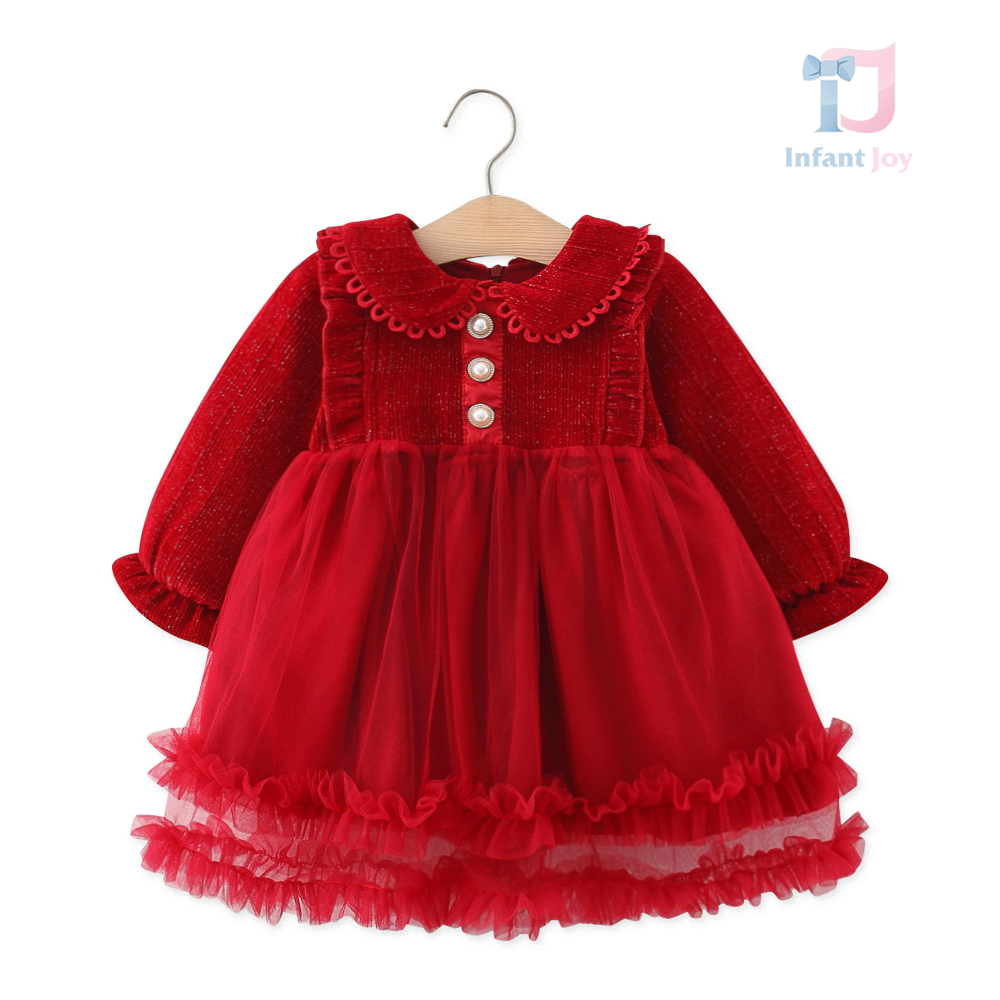 Rochie de catifea premium cu lame, nasturi perlat si tutu cu bucle Red Retro