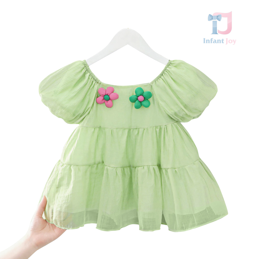 Rochie cu maneci bufante si flori 3D Green Mademoiselle