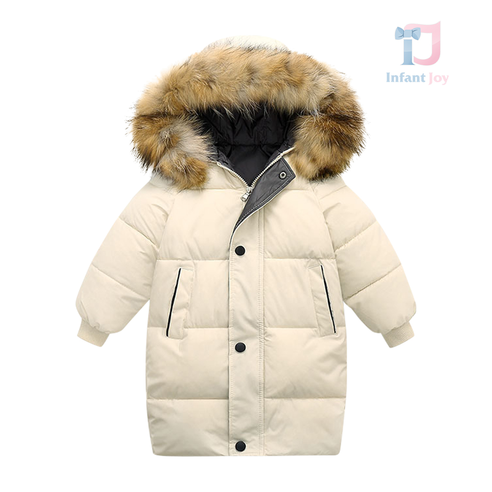 Geacă de iarnă cu umplutură din puf ecologic și glugă cu blană naturală Warm Hug Beige