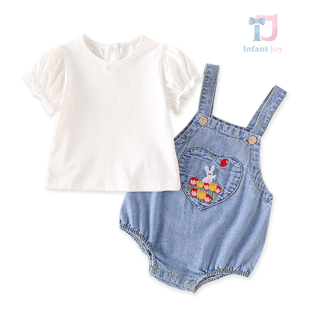 Set cu salopetă din denim și broderie Tulip Bunny