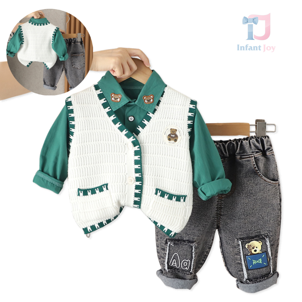 Set premium de 3 piese cu vestă tricotată, broderie modernă și cusături Bear Gringo