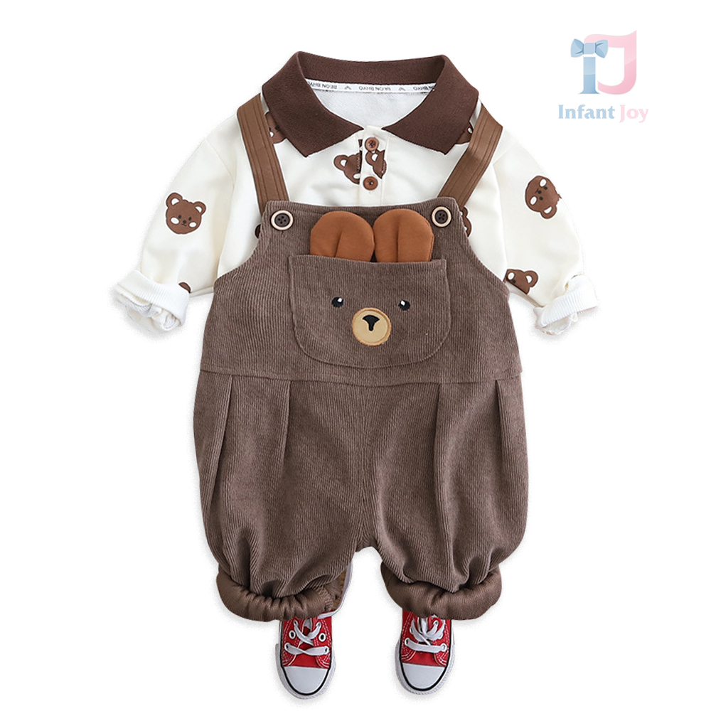 Set de 2 piese de cămașă cu guler clasic și salopetă din denim cu elemente 3D Bear on The Loose