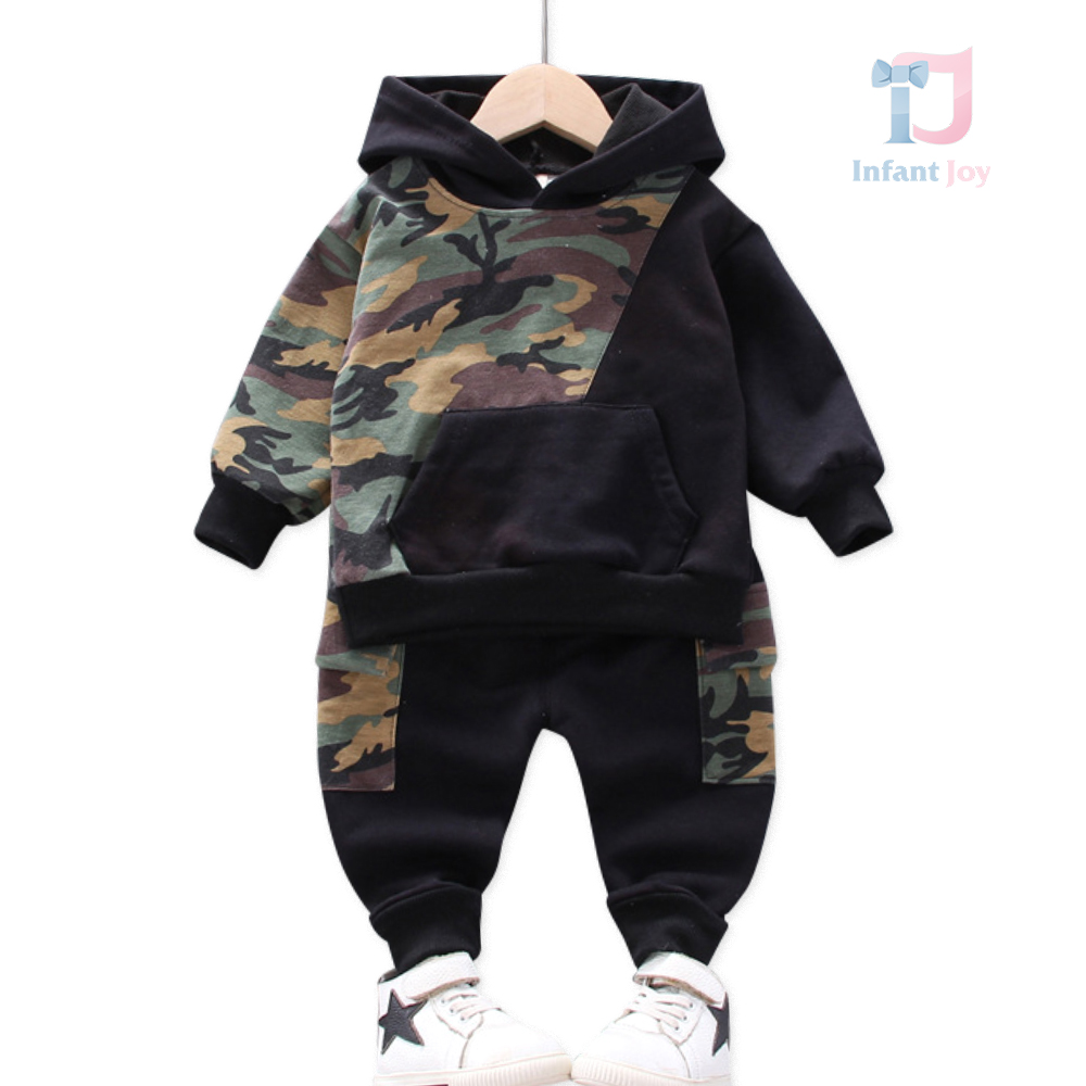 Set sport de 2 piese cu glugă și buzunar Black Camo