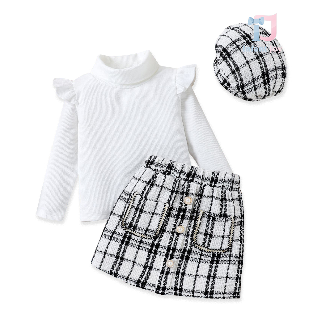 Set de 3 piese cu polo, fusta boucle cu perle si bereta Black & White Babe
