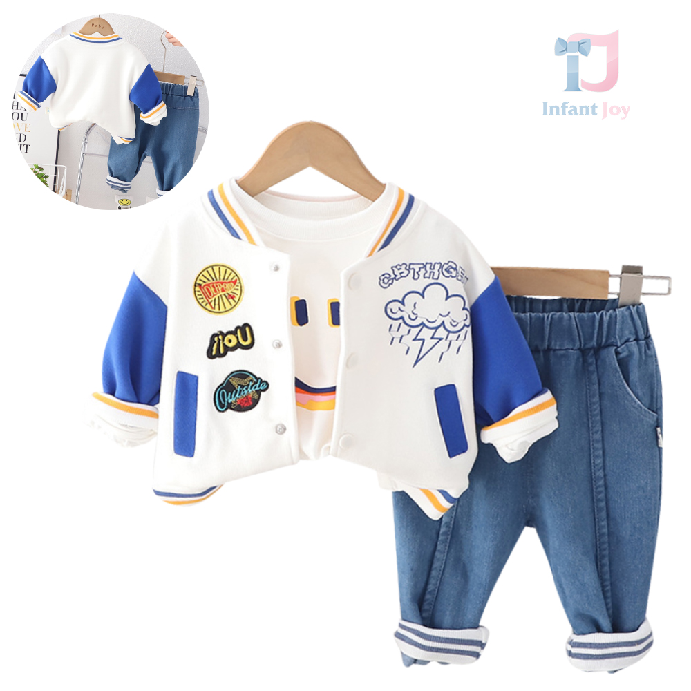 Set de 3 piese cu bomber modern brodat, bluză și pantaloni din denim Blue Cloud