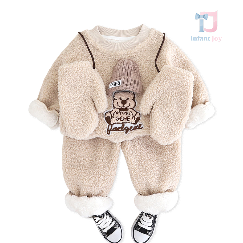 Set de 3 piese din pluș cu mănuși și elemente 3D Brand Fever Beige