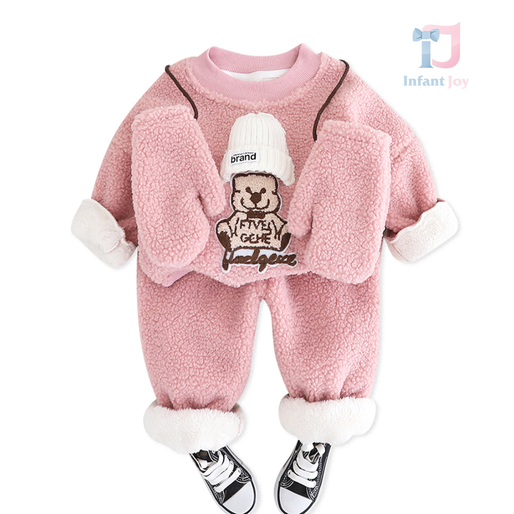 Set de 3 piese din pluș cu mănuși și elemente 3D Brand Fever Pink