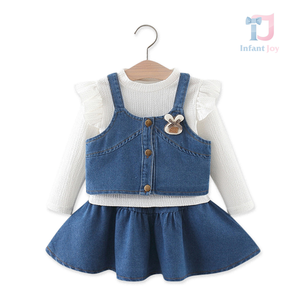 Set denim de 3 piese cu bucle spectaculoase și broșă Bunny Dream Denim