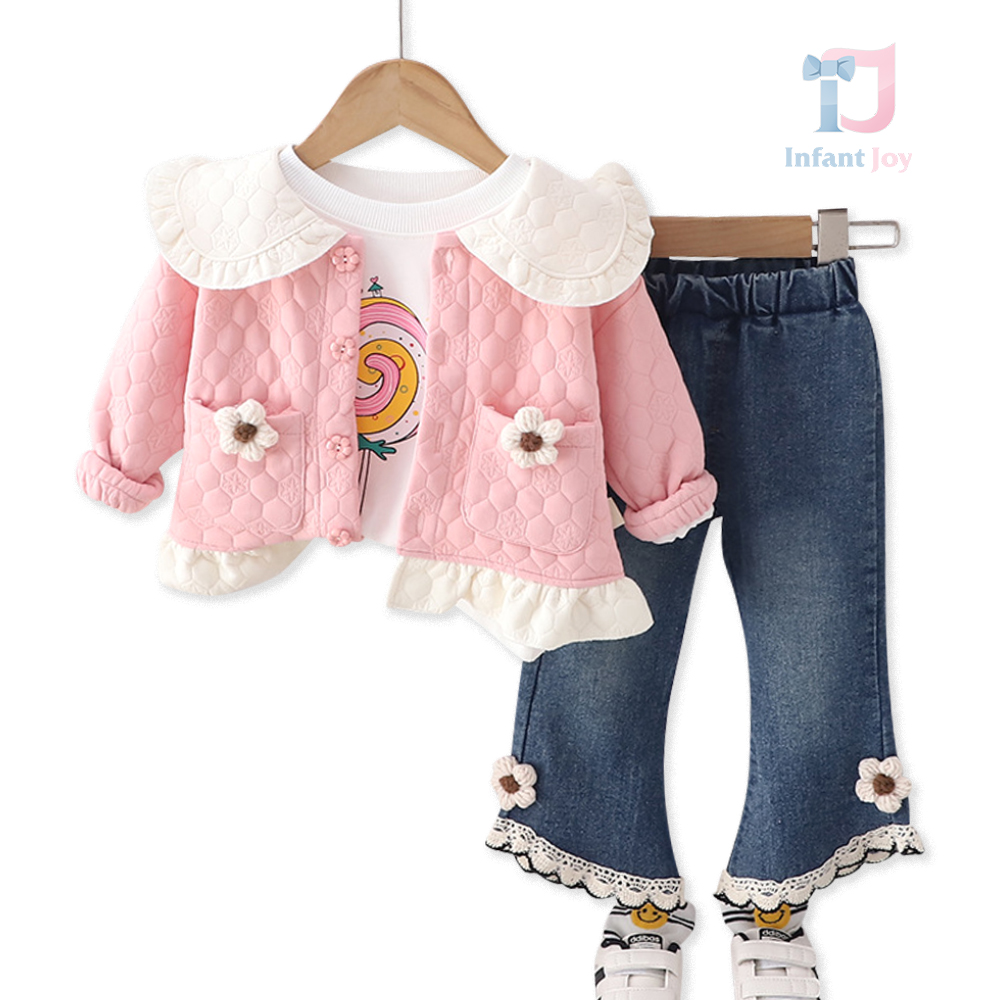 Set de 3 piese cu guler spectaculos, elemente 3D și efect în relief Candy Flower Pink