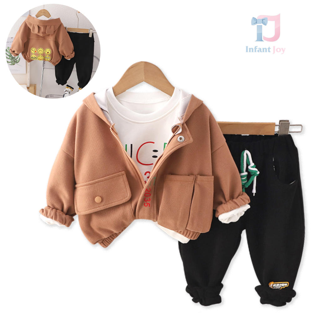 Set de 3 piese Bomber cu Glugă, Broderie + Bluză și Pantaloni cu Elemente 3D Coffee Luciano