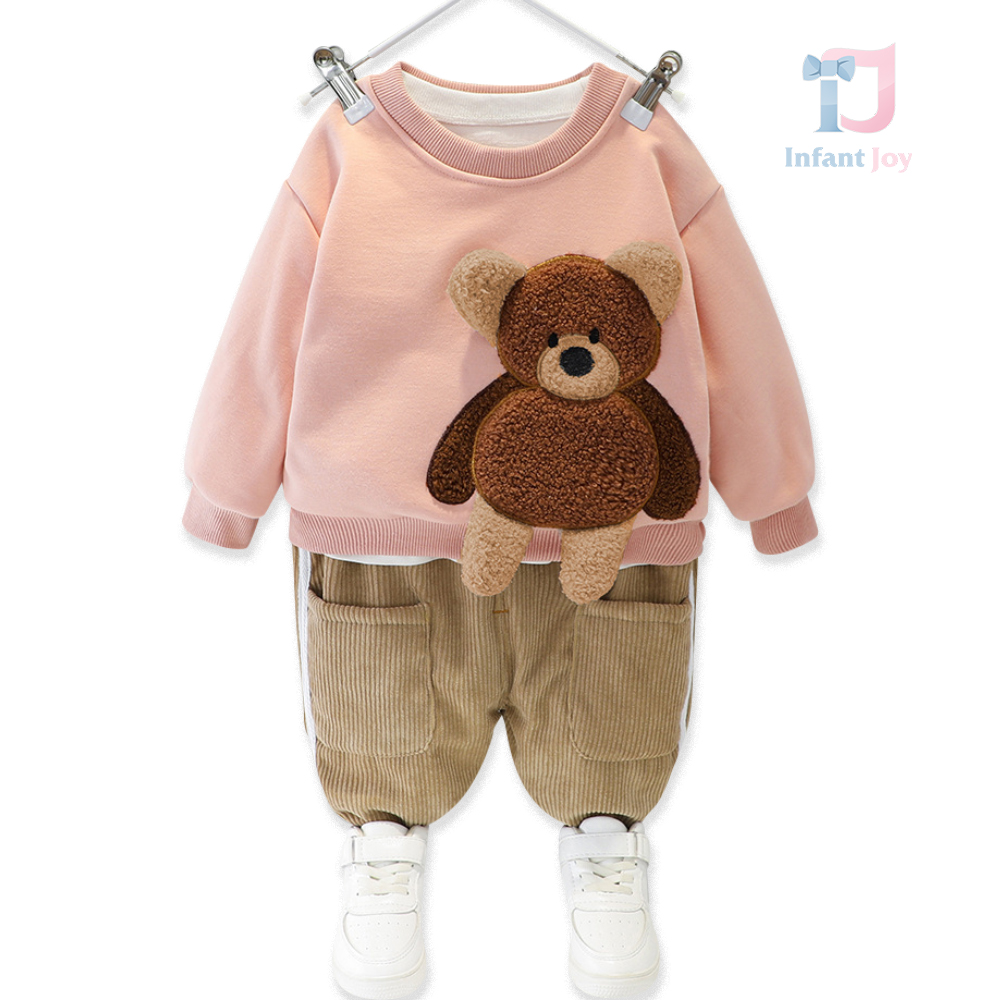 Set matlasat de 2 piese cu broderie 3D de pluș Cuddly Bear Pink