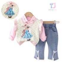 Set premium de 3 piese cu vestă tricotată, broderie și blugi Dance Bunny
