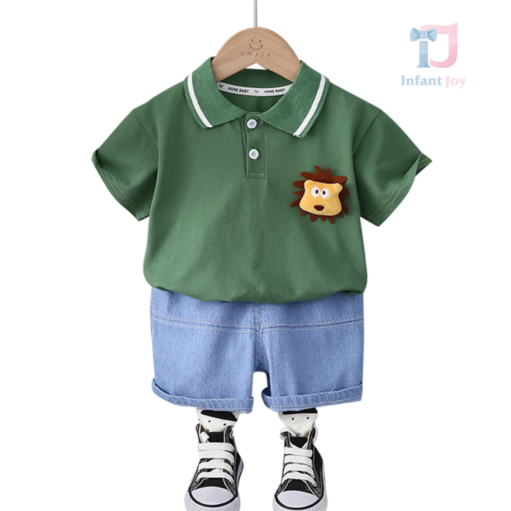 Set de 2 piese cu guler clasic și leu 3D Denim Lion Green