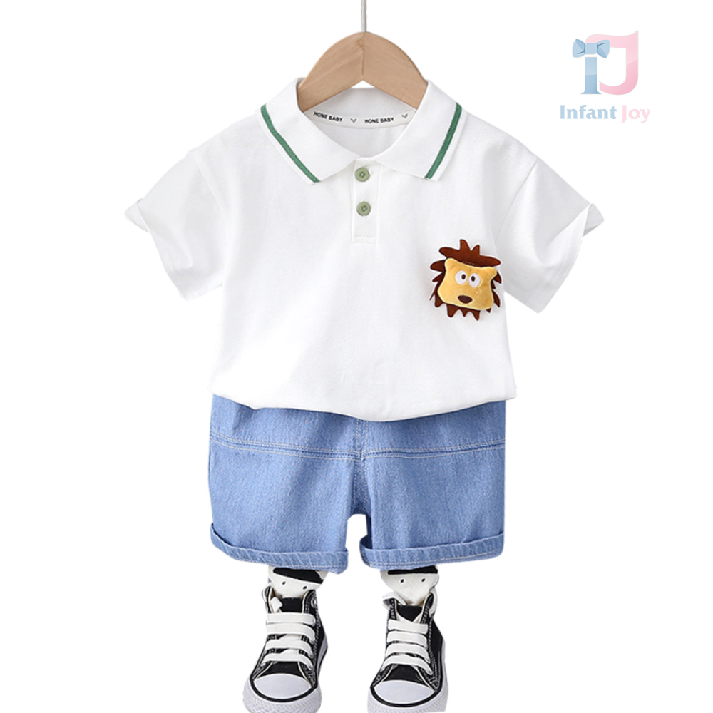 Set de 2 piese cu guler clasic și leu 3D Denim Lion White