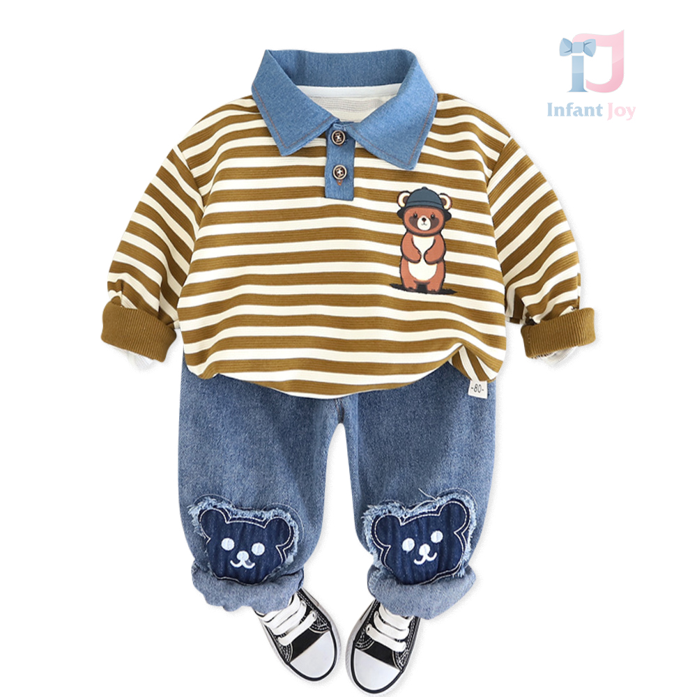 Set de 2 piese cu guler din denim și pantaloni cu cusături spectaculoase Denim Stripo