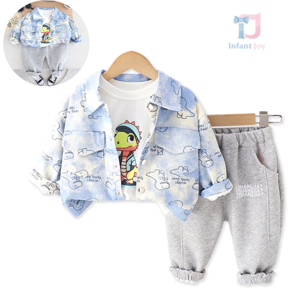 Set de 3 piese cu jachetă din denim imprimeu şi broderie Dino Toddler