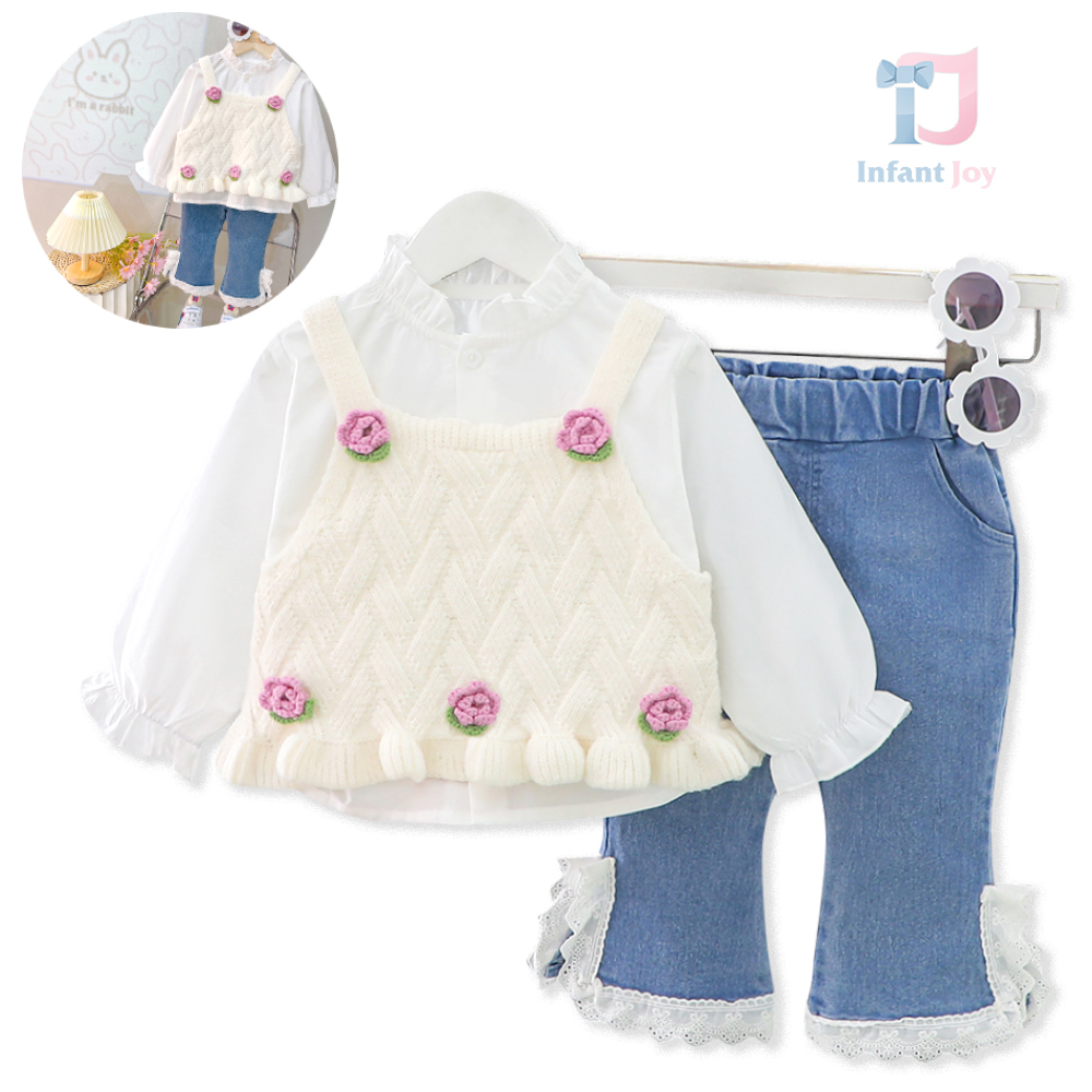 Set premium de 3 piese cu dantelă și vestă tricotată Flower Grace Vanilla