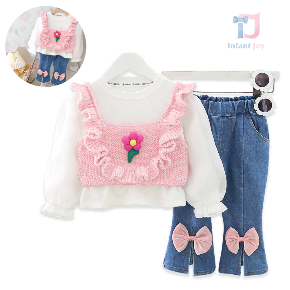 Set din 3 piese cu vestă crop tricotată, mânecă bufantă și pantaloni din denim Flower Ruffle