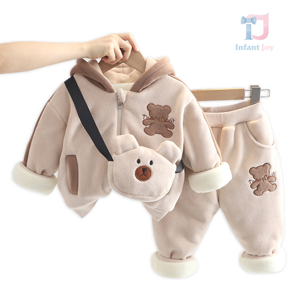 Set fleece matlasat de 3 piese, gros, cu glugă și geantă Fluff Teddy