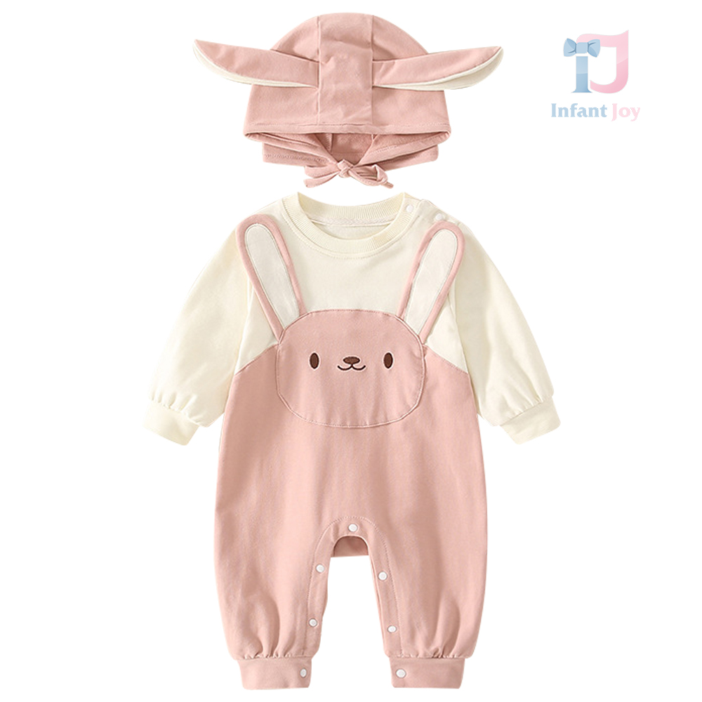 Salopetă cu pălărie Beige & Pink Bunny – 2 piese
