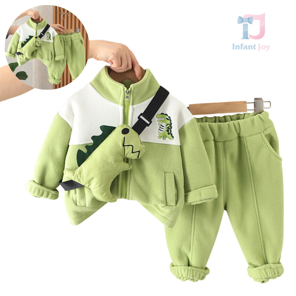 Set fleece de 3 piese cu broderie, guler inalt si geanta cu dinozauri Green Dino Boy