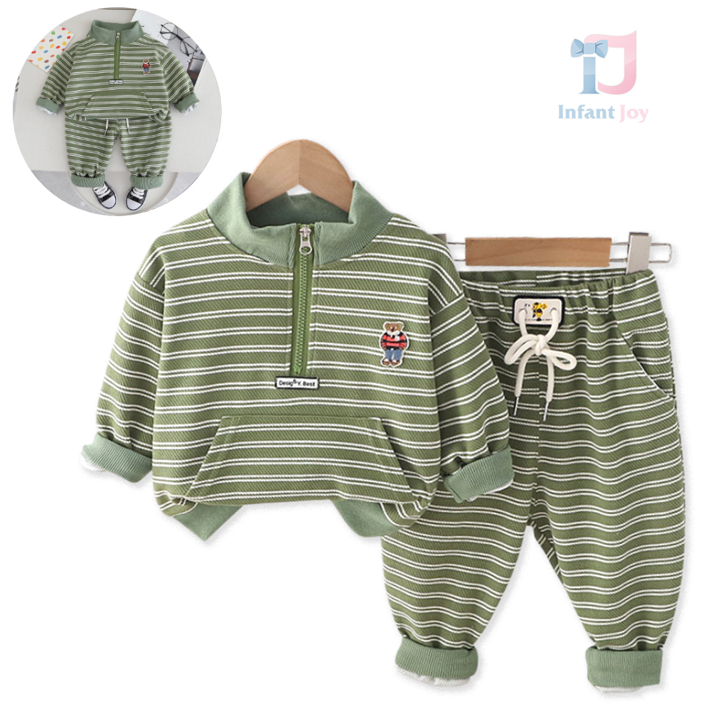 Set de 2 piese cu efect de relief, buzunar cangur și cusături 3D Green Stripe