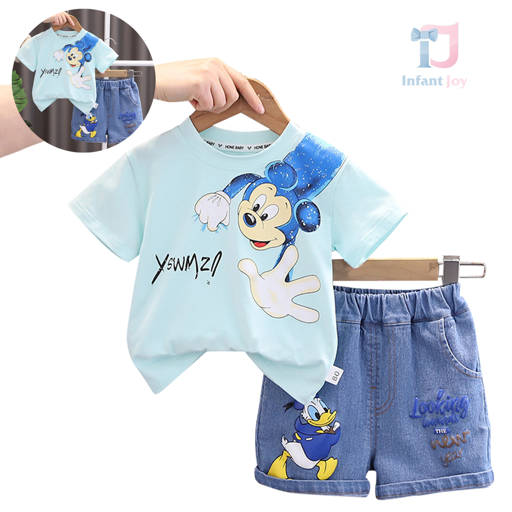 Set de 2 piese cu pantaloni scurți din denim și imprimeuri spectaculoase Mickey Wait Blue