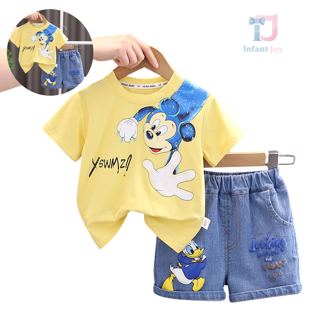 Set de 2 piese cu pantaloni scurți din denim și imprimeuri spectaculoase Mickey Wait Yellow