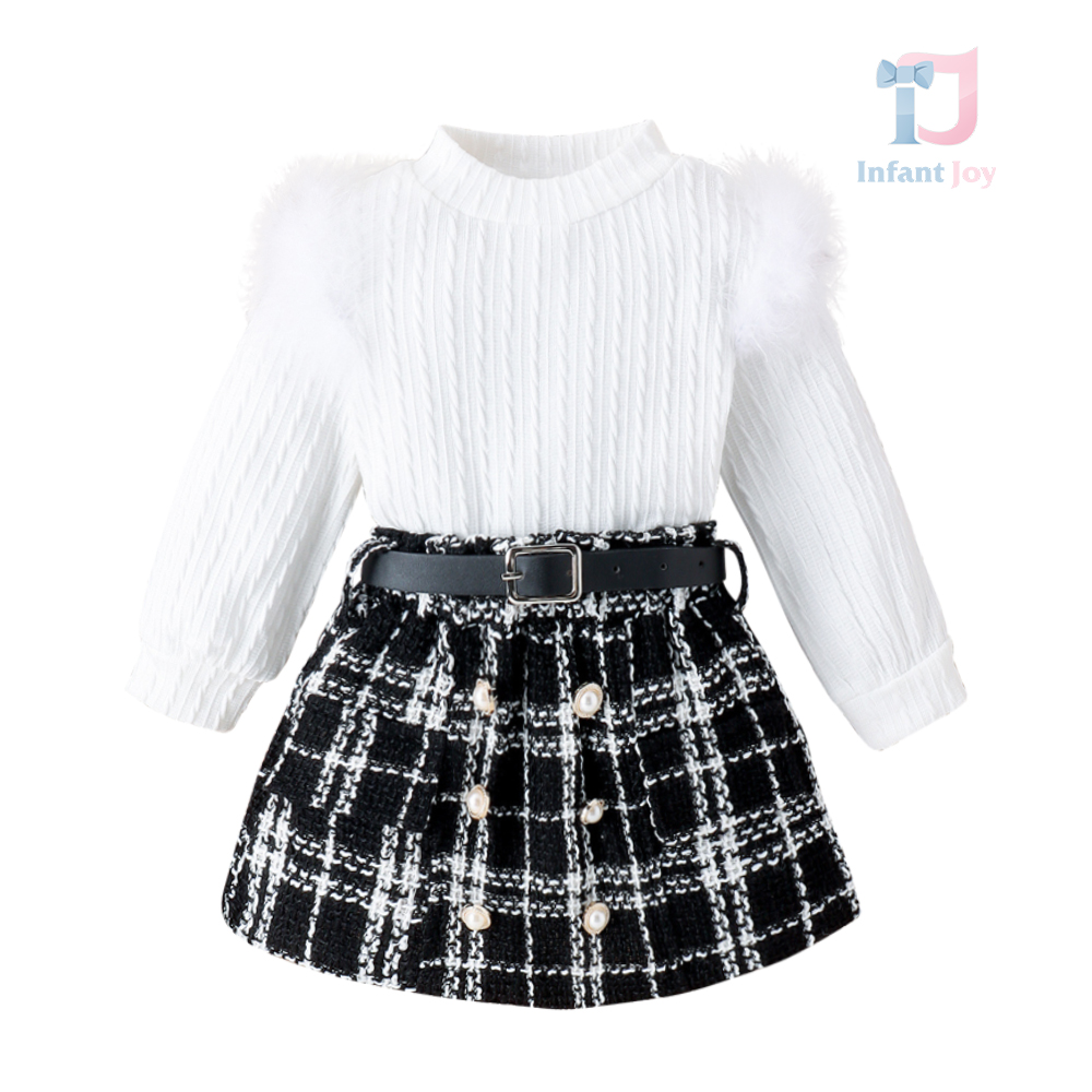 Set de 3 piese polo formal cu puf, fustă în carouri Boucle cu perle și curea din piele Miss Premium