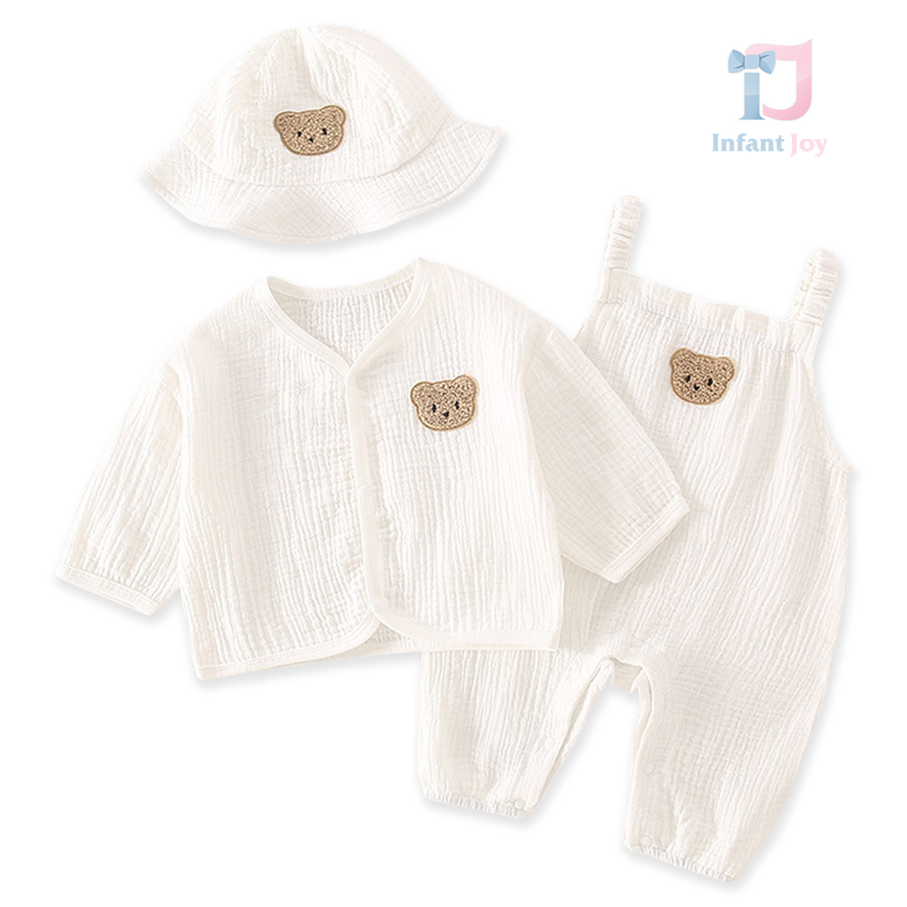 Set muselină de 3 piese cu salopetă și pălărie Baby Bear
