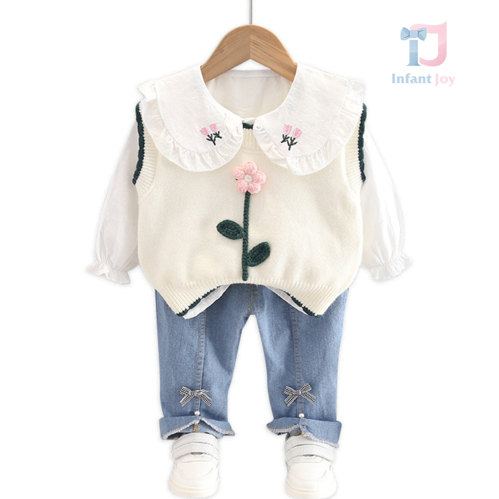 Set sportiv-elegant de 3 piese cu broderie 3D Мy Mini Flower Vanilla