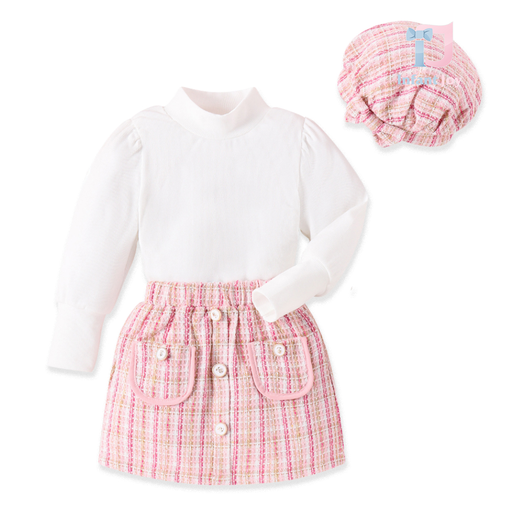 Set de 3 piese cu polo, mânecă bufantă și fustă de la Boucle + Beret Pink Babe
